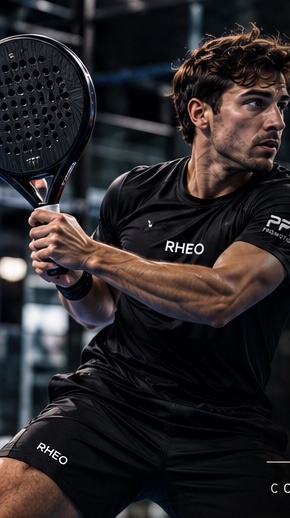 Padel player poised for a shot, wearing RHEO and PFK kit